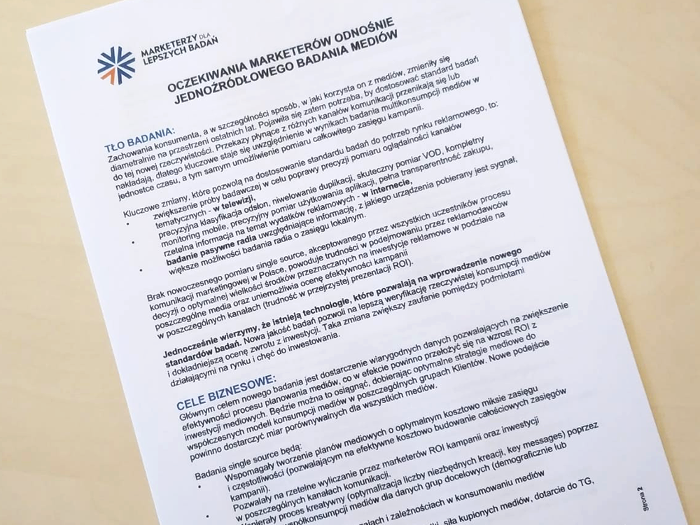 dokument określający potrzeby marketerów związane z badaniem konsumpcji mediów przygotowany przez członkow Koalicji we wrześniu 2019